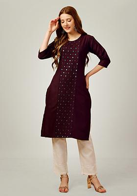 Purple Embroidered Cotton Kurta Set