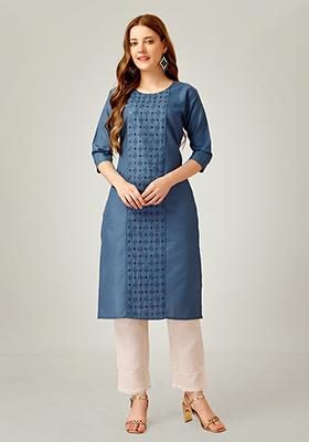 Blue Embroidered Cotton Kurta Set
