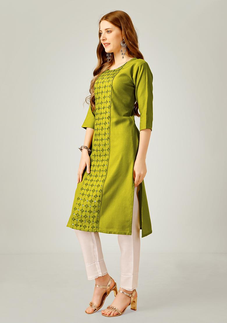 Green Embroidered Cotton Kurta Set