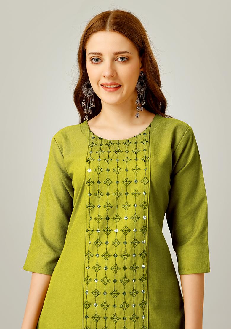 Green Embroidered Cotton Kurta Set