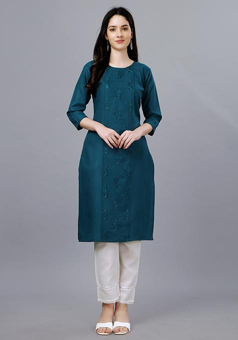 Teal Blue Embroidered Cotton Kurta