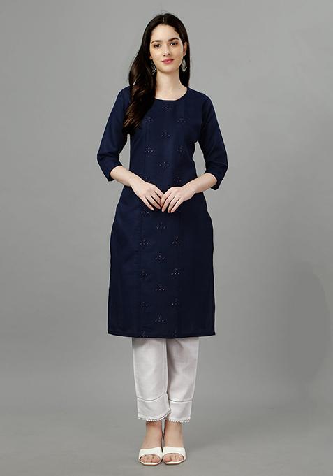 Navy Blue Embroidered Cotton Kurta