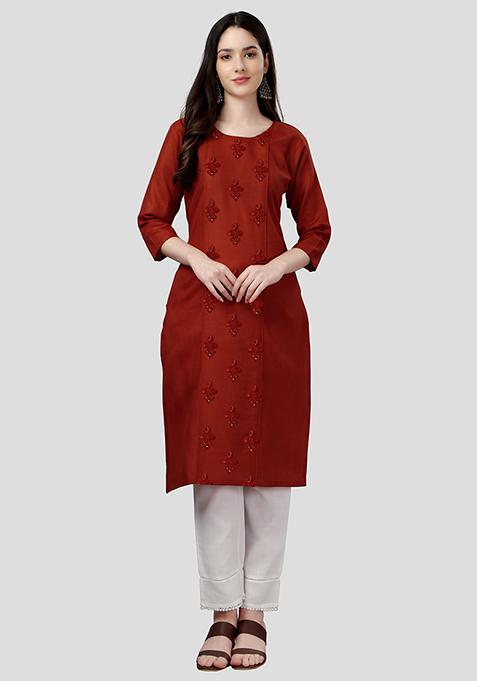 Red Embroidered Cotton Kurta