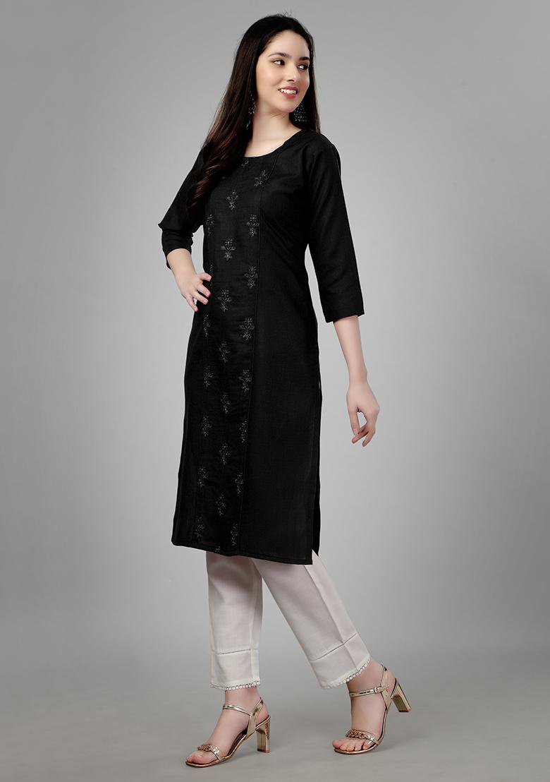 Black Embroidered Cotton Kurta