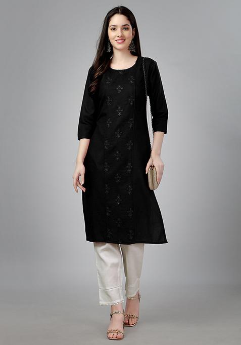 Black Embroidered Cotton Kurta