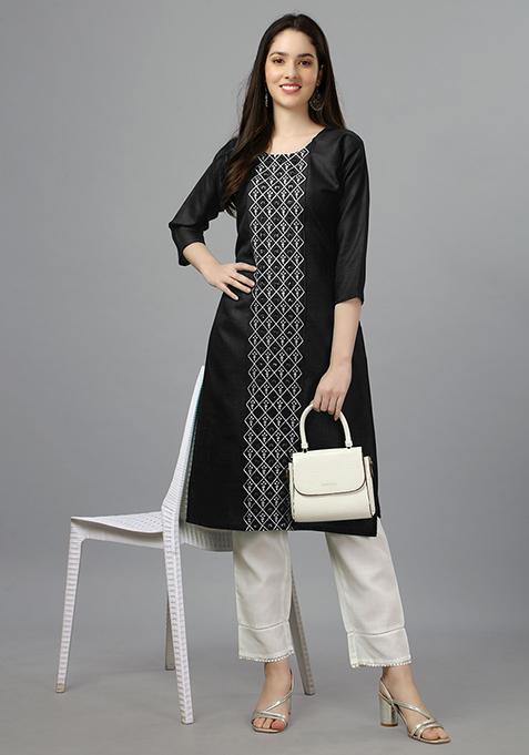 Black Embroidered Cotton Kurta