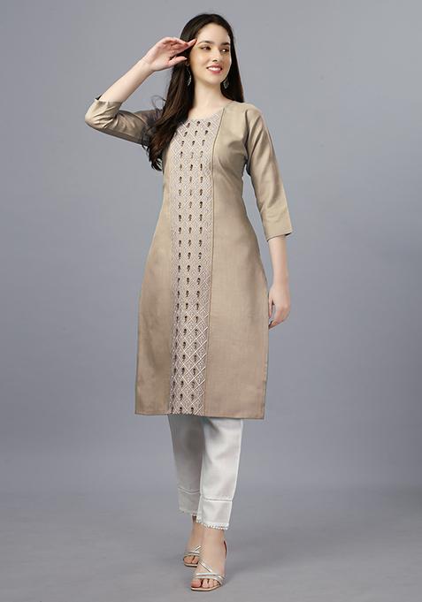 Beige Embroidered Cotton Kurta