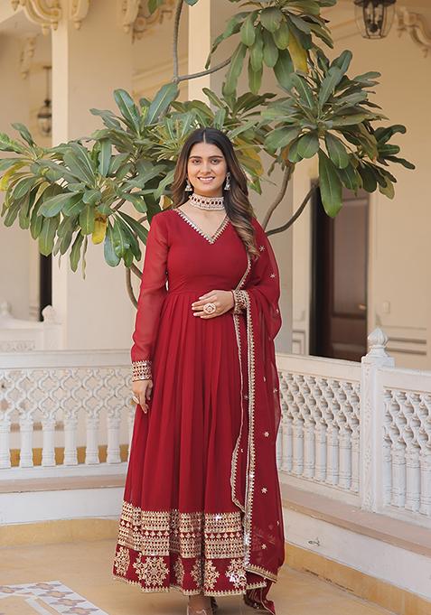 Maroon Embroidered Georgette Kurta Set