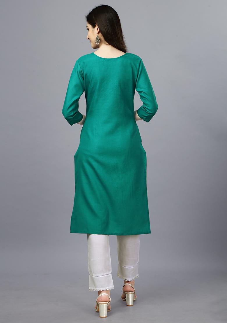 Sea Green Embroidered Cotton Kurta