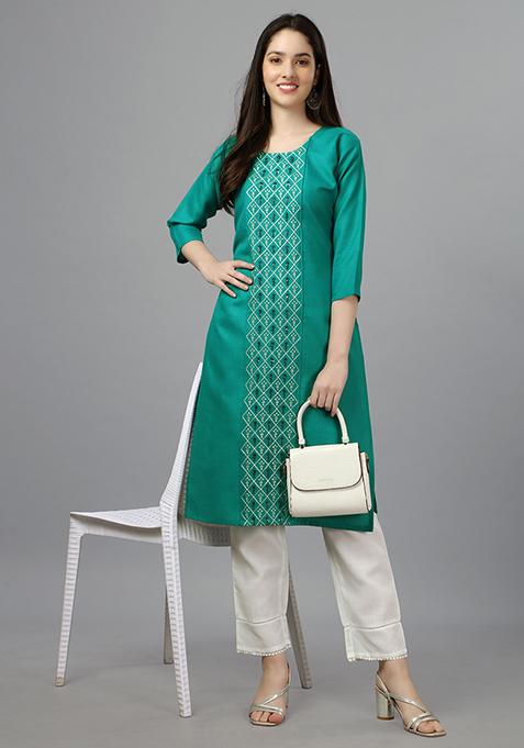 Sea Green Embroidered Cotton Kurta