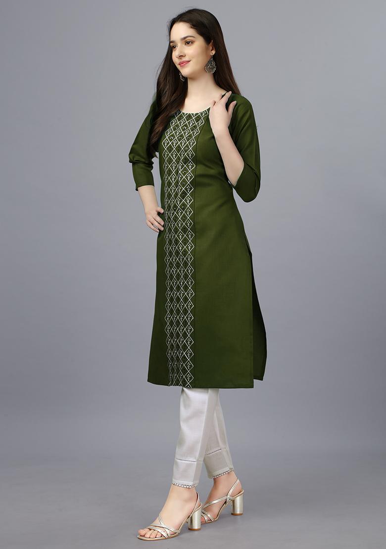 Green Embroidered Cotton Kurta