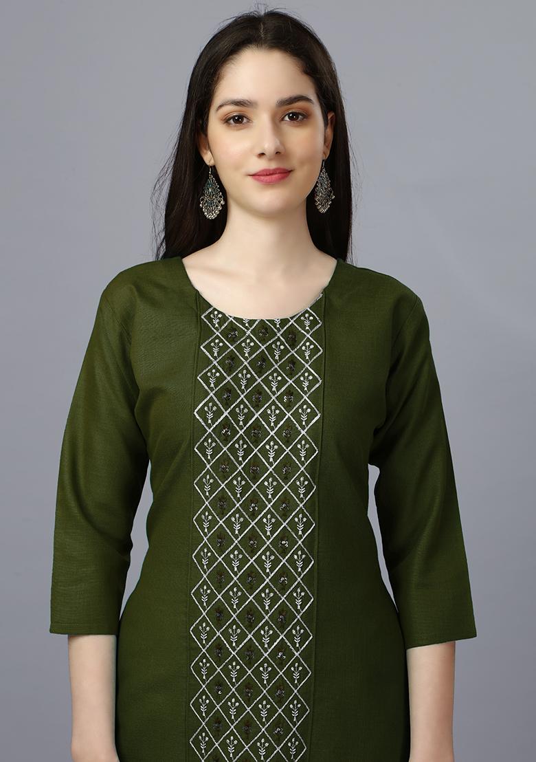 Green Embroidered Cotton Kurta