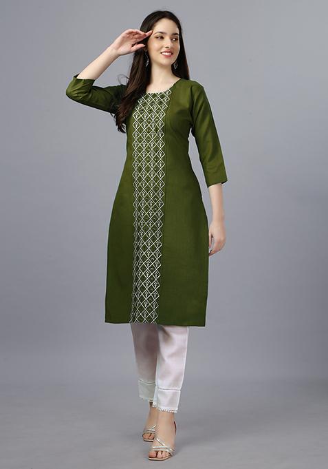 Green Embroidered Cotton Kurta