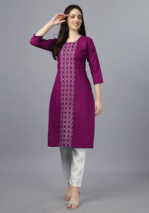 Purple Embroidered Cotton Kurta