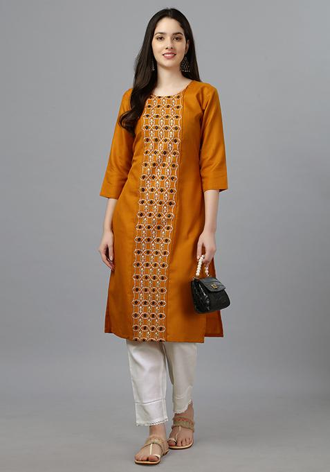 Mustard Embroidered Cotton Kurta