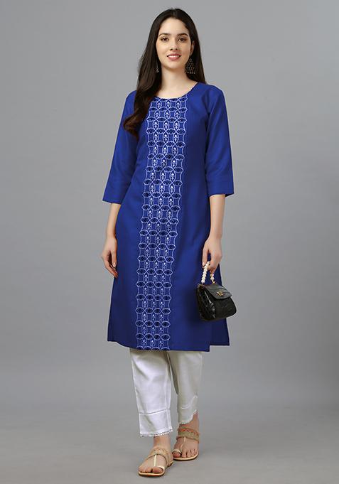 Royal Blue Embroidered Cotton Kurta