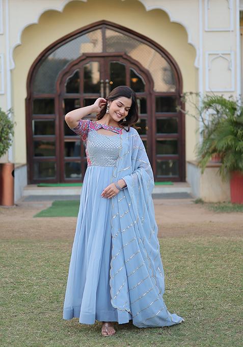 Sky Blue Embroidered Georgette Kurta Set