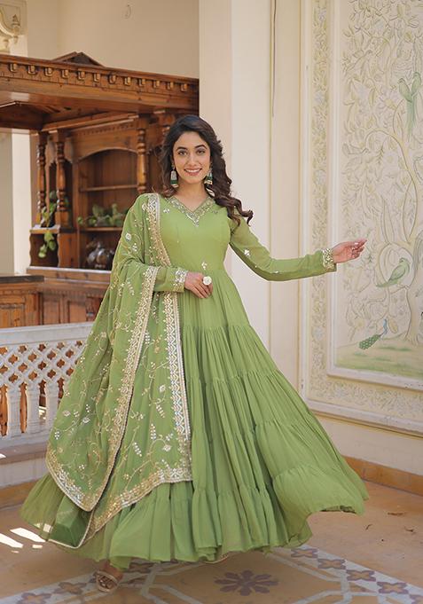 Green Embroidered Georgette Anarkali Set