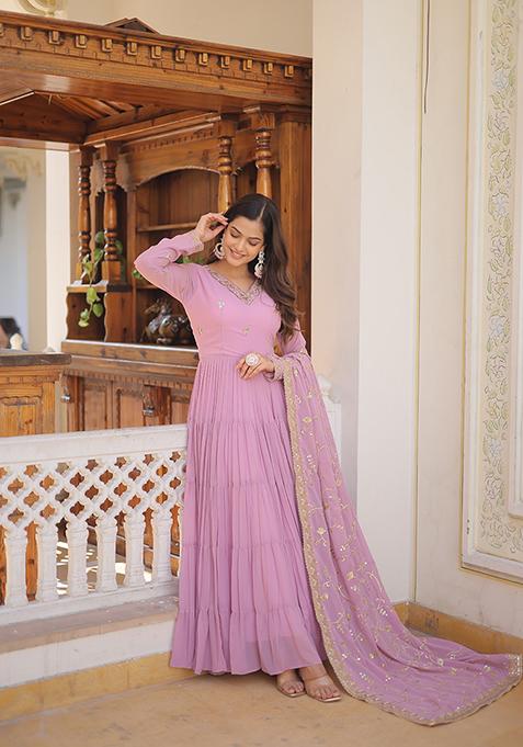 Purple Embroidered Georgette Kurta Set