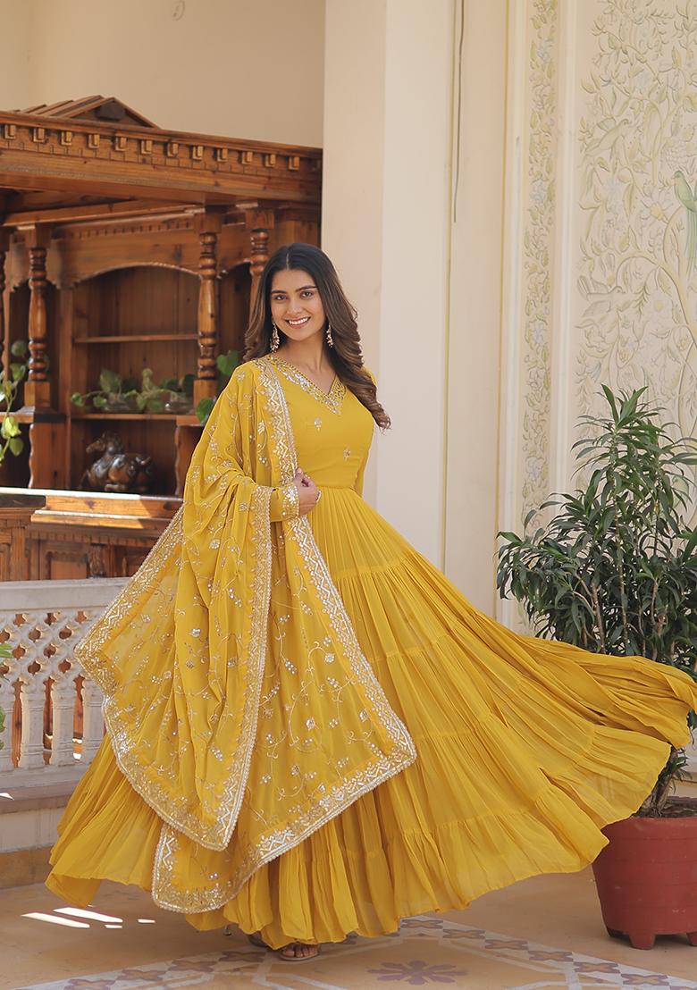 Yellow Embroidered Georgette Kurta Set