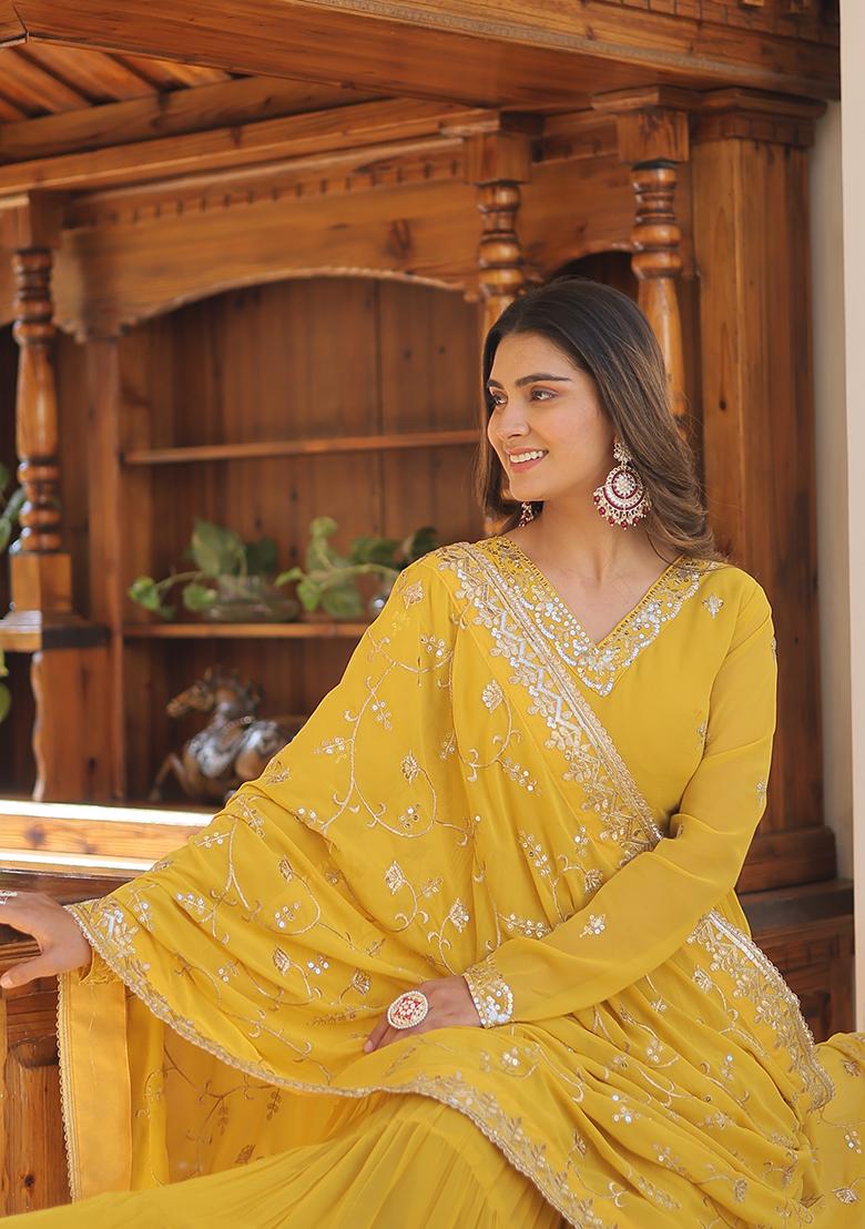 Yellow Embroidered Georgette Kurta Set