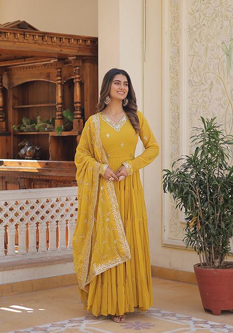 Yellow Embroidered Georgette Kurta Set