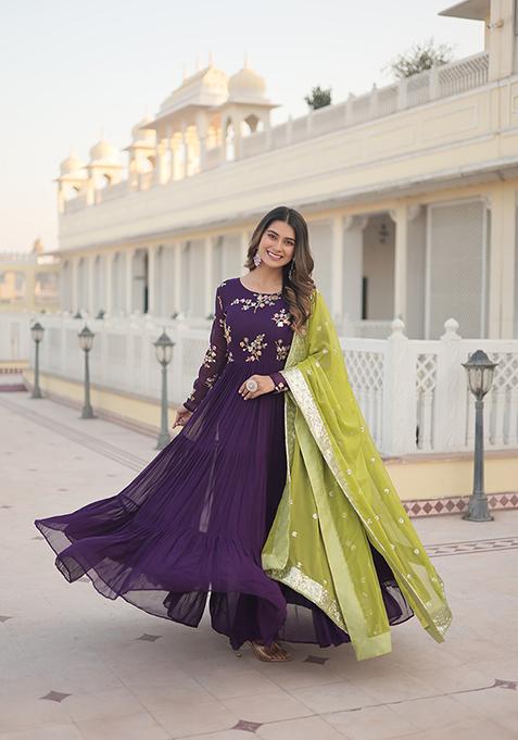 Purple Embroidered Georgette Kurta Set