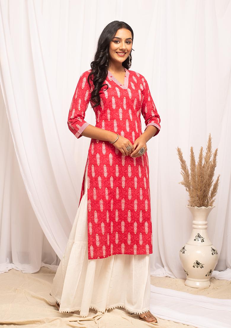 Pink Printed Cotton Kurta
