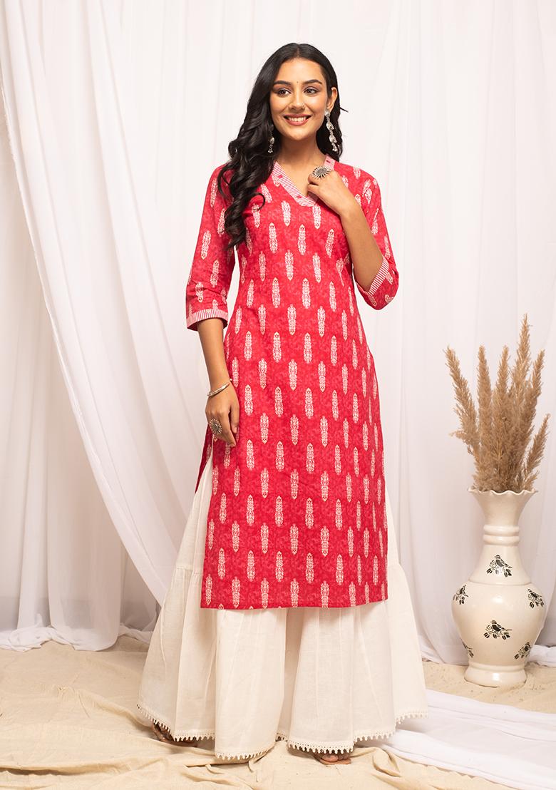 Pink Printed Cotton Kurta