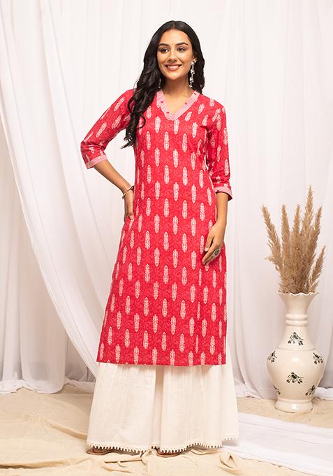 Pink Printed Cotton Kurta