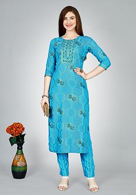Sky Blue Embroidered Rayon Kurta Set