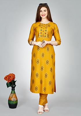Yellow Embroidered Rayon Kurta Set