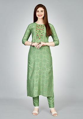 Green Embroidered Rayon Kurta Set