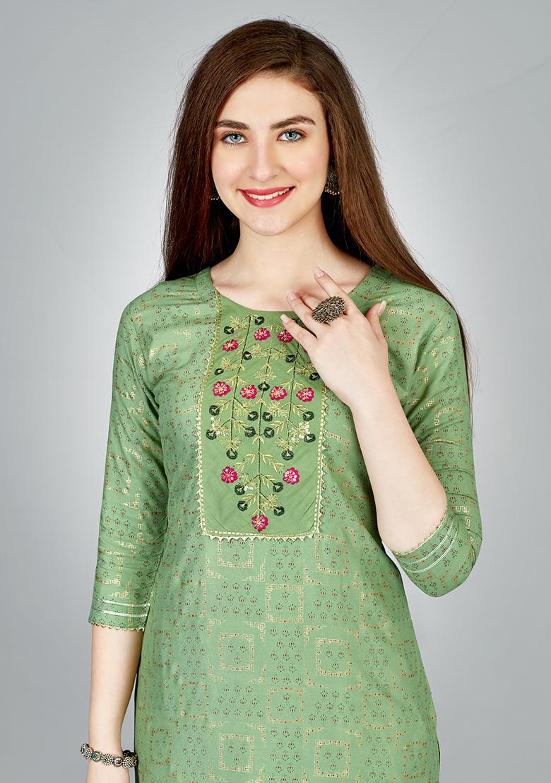 Green Embroidered Rayon Kurta Set