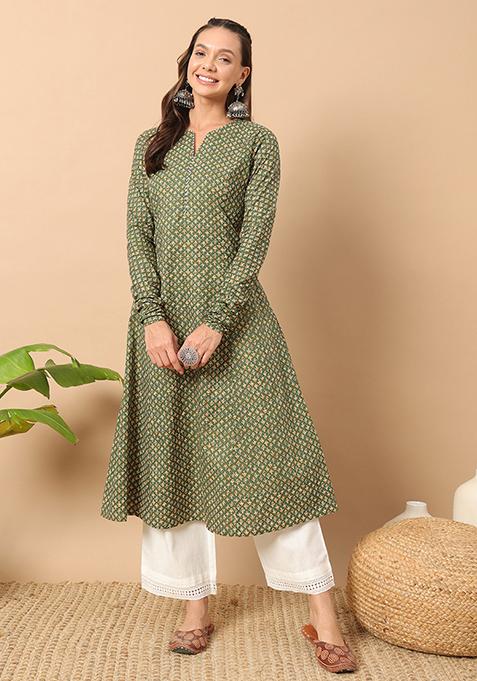 Green Printed Cotton Kurta