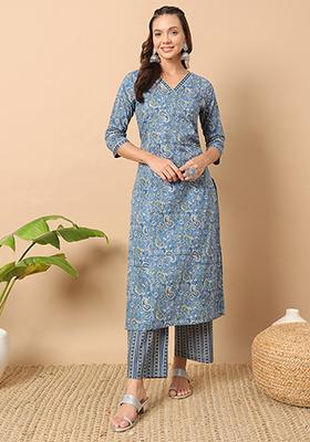 Blue Printed Cotton Kurta Set