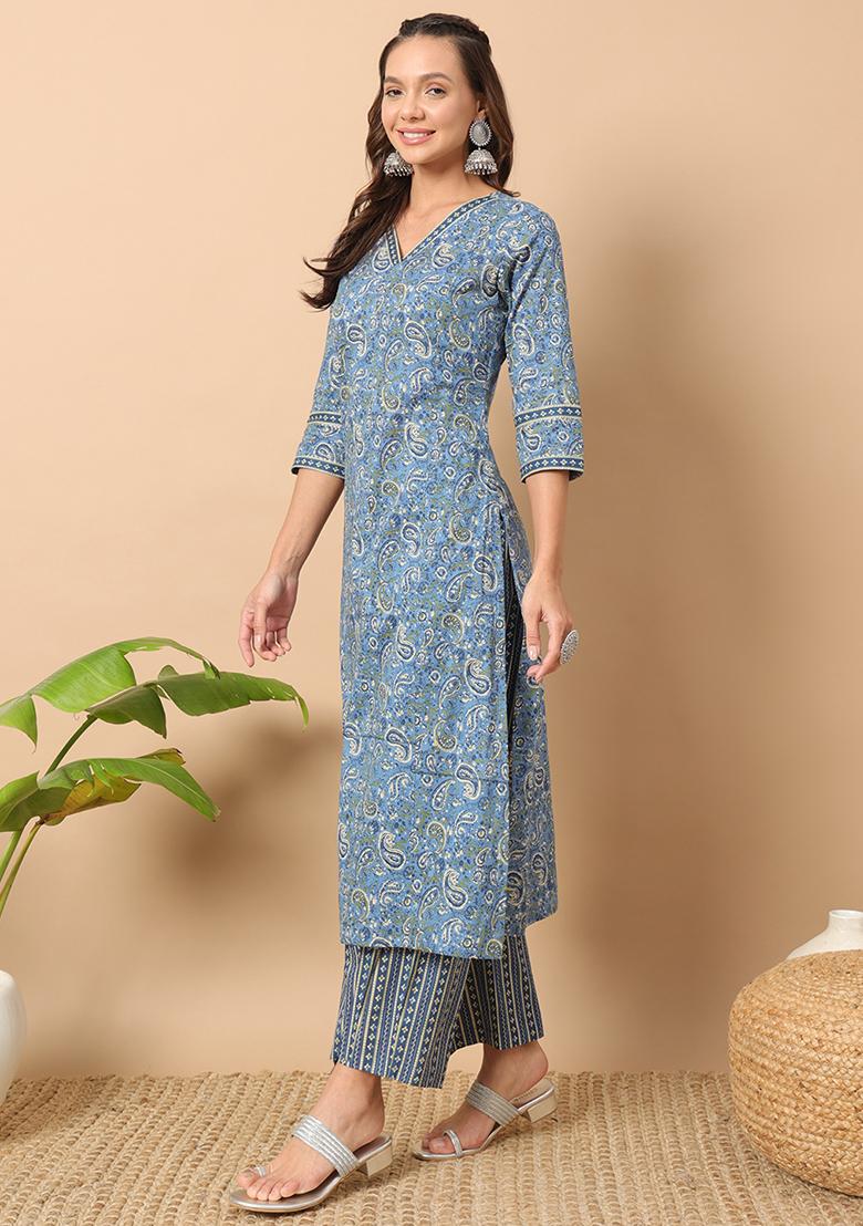 Blue Printed Cotton Kurta Set - Indya