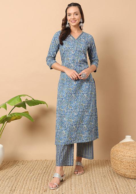 Blue Printed Cotton Kurta Set