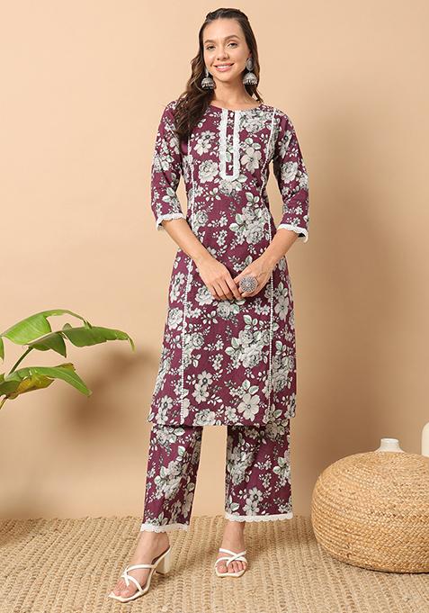 Wine Printed Cotton Kurta Set