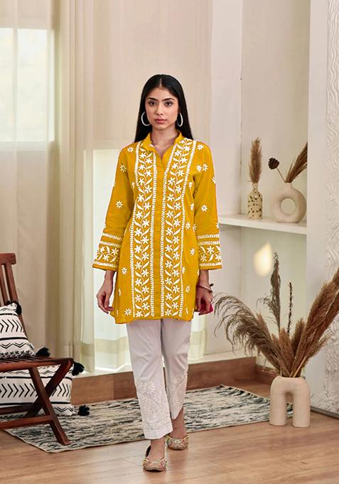 Yellow Embroidered Rayon Kurta