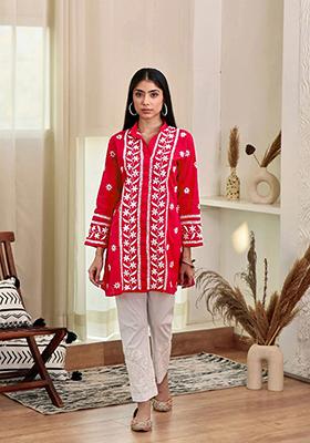 Red Embroidered Rayon Kurta