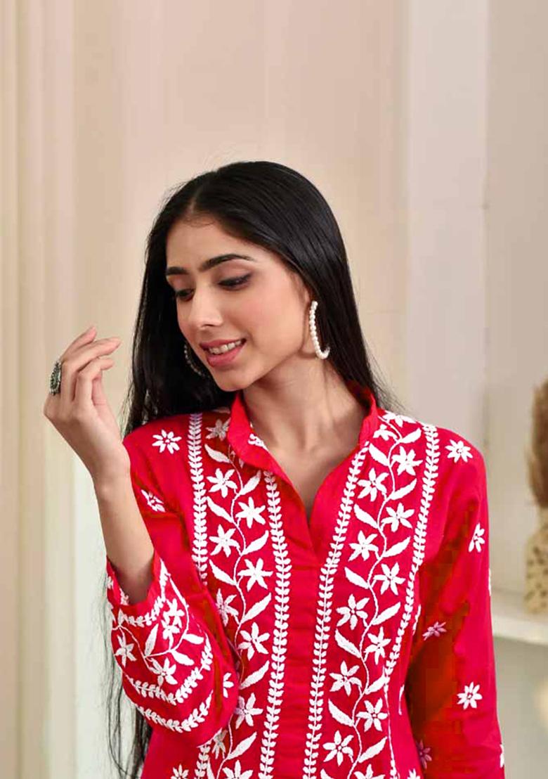 Red Embroidered Rayon Kurta