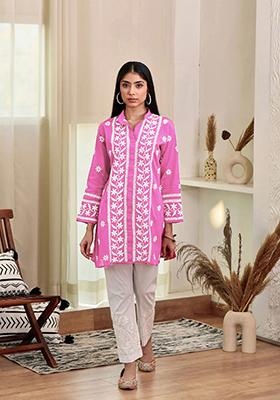 Pink Embroidered Rayon Kurta