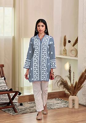 Grey Embroidered Rayon Kurta