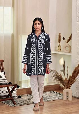 Navy Blue Embroidered Rayon Kurta