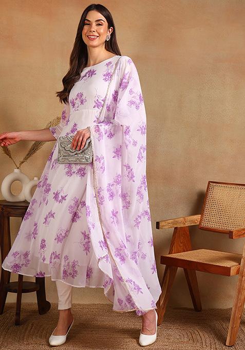 Purple Solid Georgette Anarkali Kurta With Dupatta