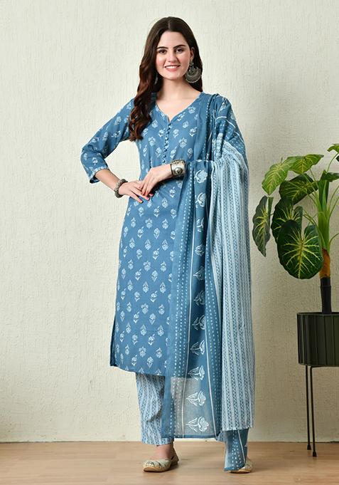 Blue Printed Cotton Kurta Set