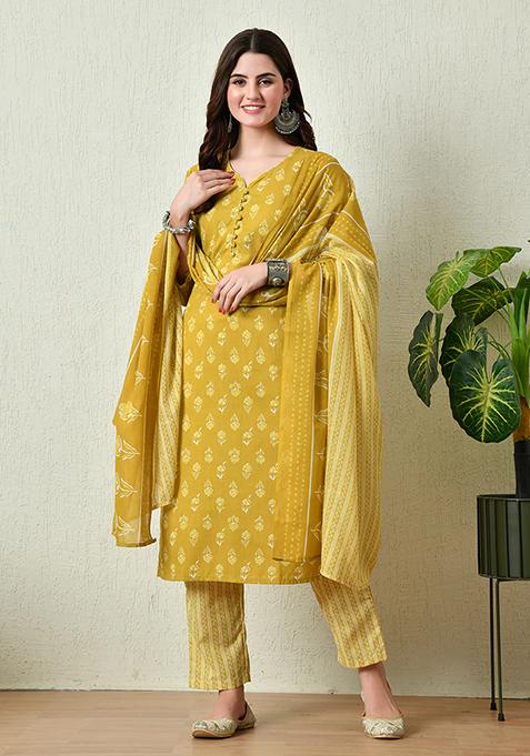 Mustard Printed Cotton Kurta Set