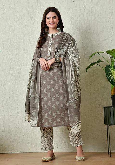 Grey Printed Cotton Kurta Set