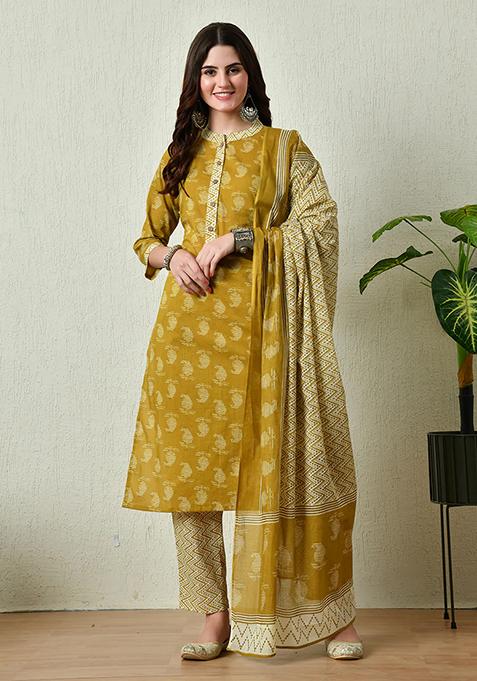 Mustard Printed Cotton Kurta Set